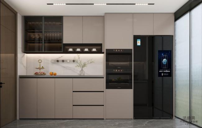 L-Shaped Beige Modern Stainless Steel Kitchen Cabinets With Glass Doors Design - Elegant beige with a matte finish, paired with sleek black accents