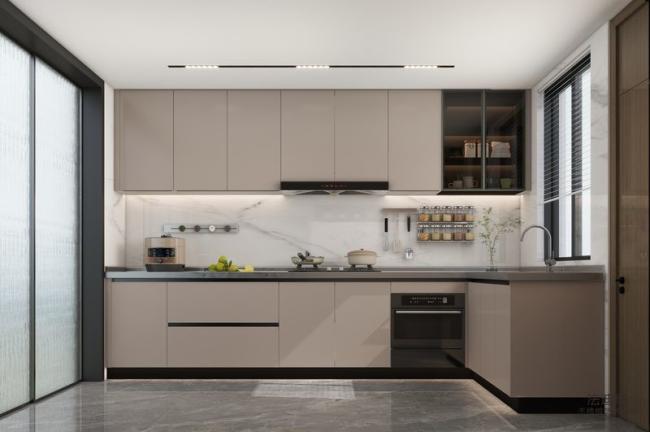 L-Shaped Beige Modern Stainless Steel Kitchen Cabinets With Glass Doors Design - L-shaped layout with interior organization