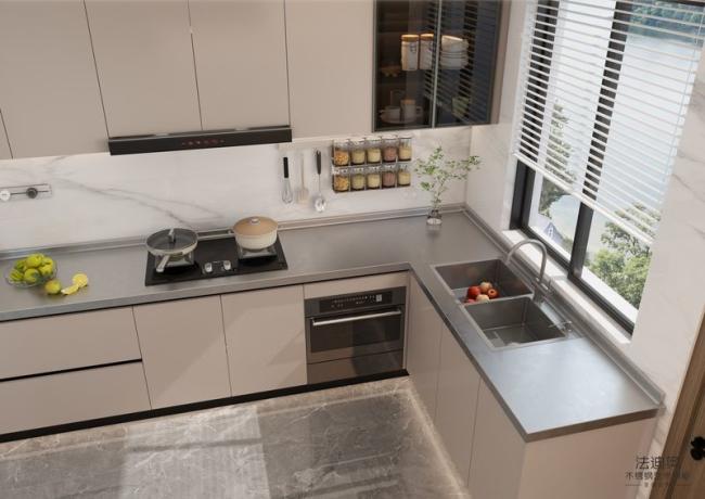 L-Shaped Beige Modern Stainless Steel Kitchen Cabinets With Glass Doors Design - Beige / Black with kitchen cabinet overview