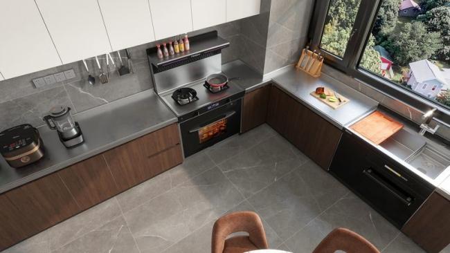Elegant Wood Grain Finish L-Shaped Stainless Steel Kitchen Cabinet - Wood Grain / White with kitchen cabinet overview