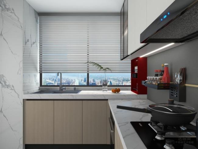 Modern U-Shaped Wood Grain Stainless Steel Kitchen Cabinet With Vibrant Red Open Shelf - Fully customizable to match your home's design and functional requirements. with feature detail