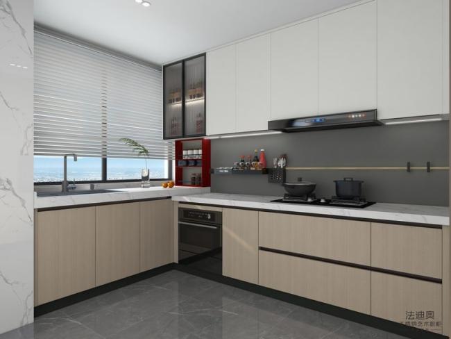 Modern U-Shaped Wood Grain Stainless Steel Kitchen Cabinet With Vibrant Red Open Shelf - U-shaped layout with interior organization
