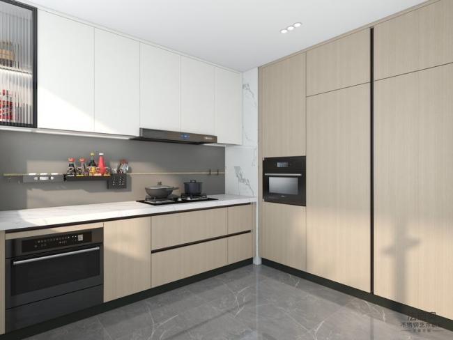 Modern U-Shaped Wood Grain Stainless Steel Kitchen Cabinet With Vibrant Red Open Shelf - Details with room context