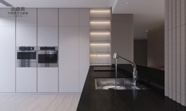 Elegant Grey Stainless Steel Kitchen Cabinet With Curved Island And Multiple Storage Solution - Elegant grey cabinetry with black sintered stone accents for a timeless
