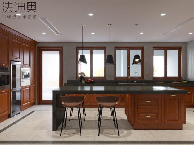 New Chinese Style Wood Grain Kitchen Cabinet With Floor-Standing Island - Quartz countertop with feature detail