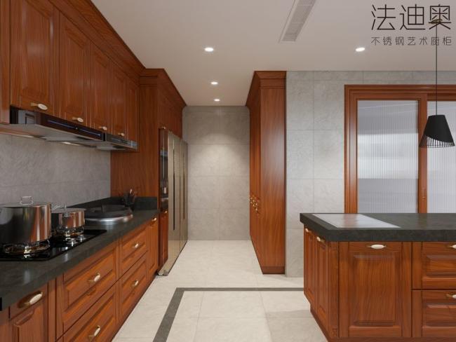 New Chinese Style Wood Grain Kitchen Cabinet With Floor-Standing Island - Optimized storage system with multiple drawers and cabinets for efficient organization. with interior organization