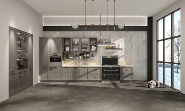 Single-Line Light Gray Stainless Steel Kitchen Cabinet with Wood Texture Panels - Single-line layout, maximizing efficiency for compact and streamlined spaces. with interior organization