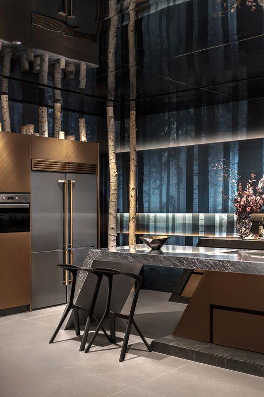 Rose Gold Modern Kitchen Cabinet With Geometric Lines And Stainless Steel Durability - 100% high-grade stainless steel for the entire cabinet structure with room context