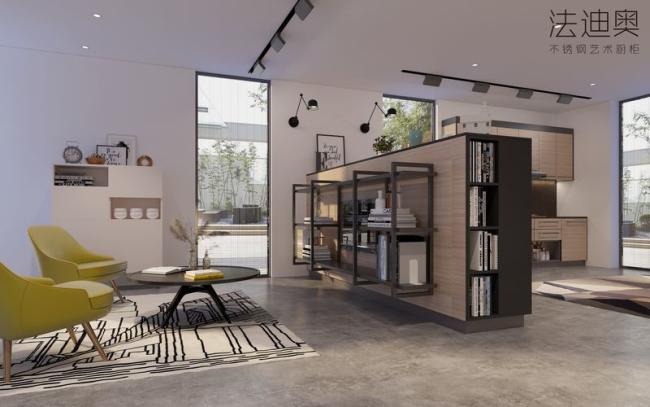 Wood Grain Stainless Steel L-Shaped Kitchen Cabinet With Black Handles - feature detail