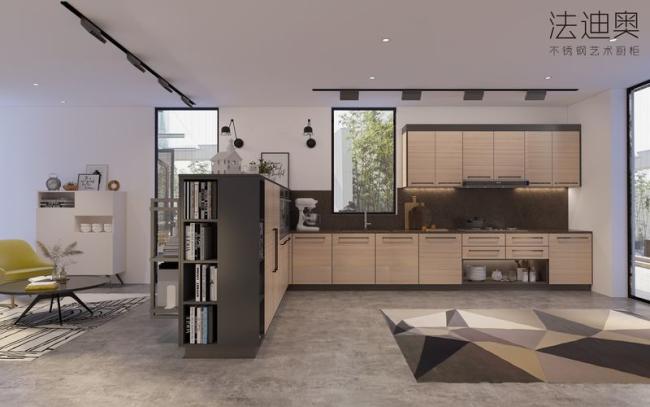 Wood Grain Stainless Steel L-Shaped Kitchen Cabinet With Black Handles - the collection is a trusted name in premium kitchen cabinetry, offering with room context