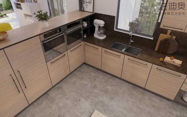 Wood Grain Stainless Steel L-Shaped Kitchen Cabinet With Black Handles - Wood Grain with kitchen cabinet overview