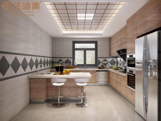 Modern Stainless Steel Kitchen Cabinet With Wood Grain Finish And U-Shaped Design - Light wood tones with subtle grain patterns with kitchen cabinet overview