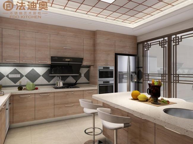 Modern Stainless Steel Kitchen Cabinet With Wood Grain Finish And U-Shaped Design - L-shaped layout with interior organization