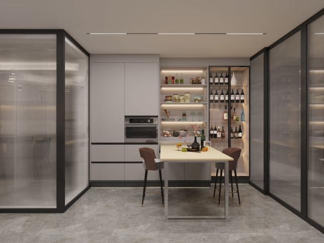 Elegant Grey Stainless Steel Kitchen Cabinet With Wine Storage And Extendable Table - feature detail