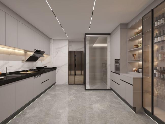 Elegant Grey Stainless Steel Kitchen Cabinet With Wine Storage And Extendable Table - 304 stainless steel for all components, ensuring durability with room context