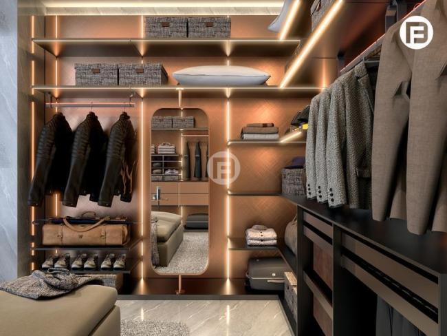 Rose Gold Stainless Steel U-Shaped Walk-In Closet With Ambient Lighting - Rose Gold with wardrobe overview