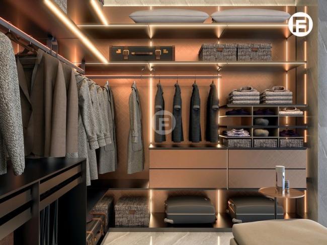 Rose Gold Stainless Steel U-Shaped Walk-In Closet With Ambient Lighting - U-shaped layout with interior organization