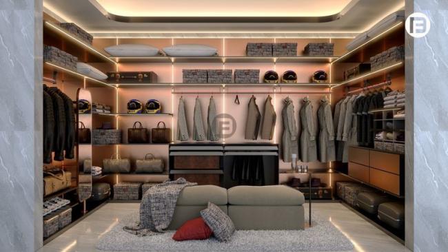 Rose Gold Stainless Steel U-Shaped Walk-In Closet With Ambient Lighting - Fully customizable dimensions, storage configurations, and finishes to meet individual preferences and match the interior style. with feature detail