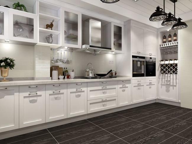 Fadior European Style U-Shaped Layout Stainless Steel Kitchen Cabinets With Embossed Door Panel - White quartz countertop with feature detail
