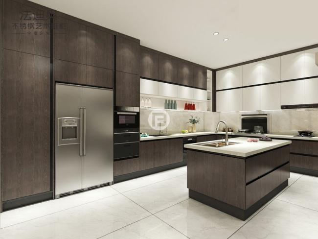 Modern Dark Wood Texture Stainless Steel Kitchen Cabinets With Contrasting Colors Design - White / Black with kitchen cabinet overview