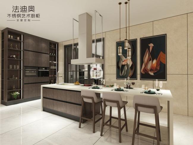 Modern Dark Wood Texture Stainless Steel Kitchen Cabinets With Contrasting Colors Design - L-shaped layout with interior organization
