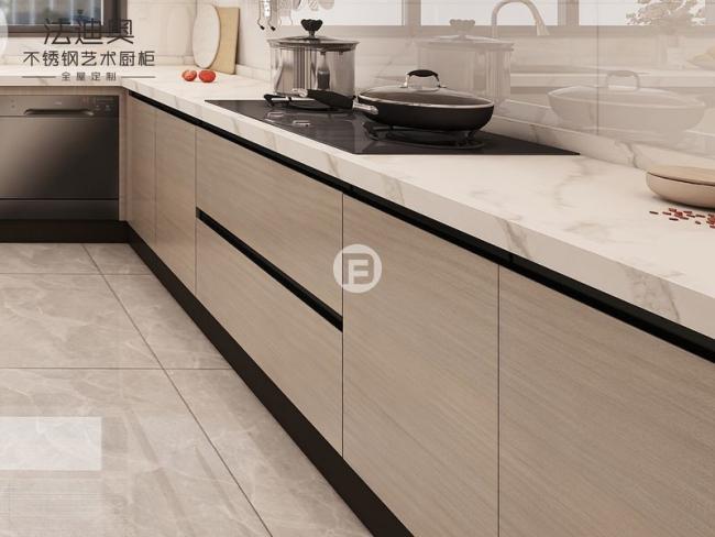 Fadior Wood Grain Dual-Zone Design Stainless Steel Kitchen Cabinet - Dual-zone design: Cooking area (inner kitchen) and dining area (outer kitchen). with interior organization