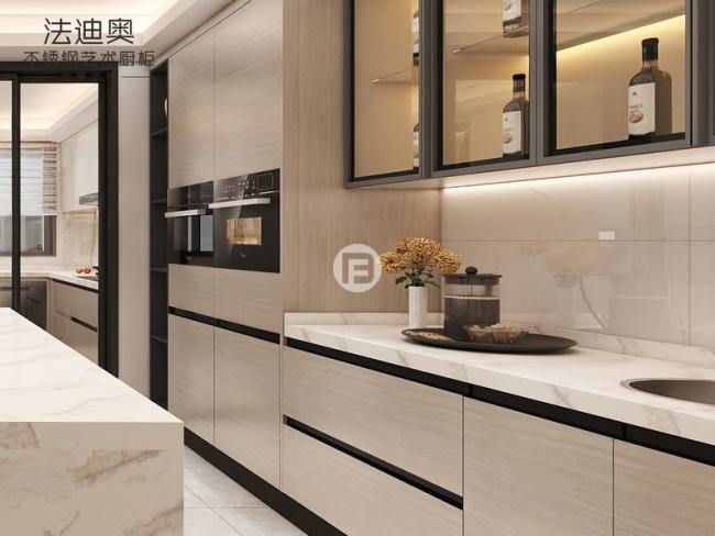 Fadior Wood Grain Dual-Zone Design Stainless Steel Kitchen Cabinet - High-grade stainless steel with wood grain finishes for durability with room context