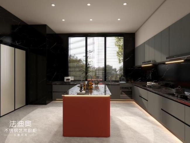 Formaldehyde-Free U-Shaped Layout Gray And Crimson Red Stainless Steel Kitchen Cabinet - Full stainless steel structure for exceptional durability and hygiene with room context
