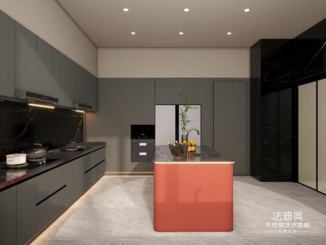 Formaldehyde-Free U-Shaped Layout Gray And Crimson Red Stainless Steel Kitchen Cabinet - Stainless steel rock slab with feature detail