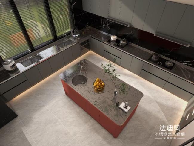 Formaldehyde-Free U-Shaped Layout Gray And Crimson Red Stainless Steel Kitchen Cabinet - kitchen cabinet overview