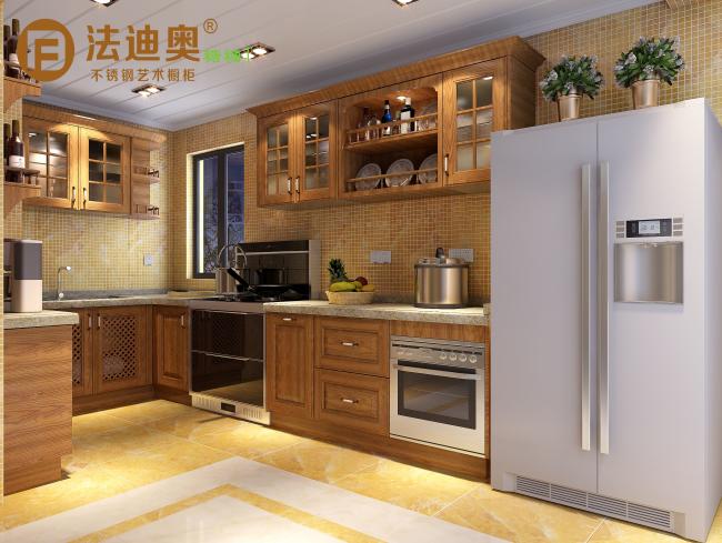 Wooden-Texture Stainless Steel Kitchen Cabinets With Glass Doors And Open Shelving - Warm wood tones with subtle stainless steel accents that complement modern and classic interiors alike. with kitchen cabinet overview