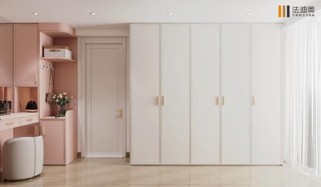 Modern Wardrobe Blush Pink And Ivory With Custom Stainless Steel Design - Center: Blush pink dressing table with drawers, open shelves, and a curved design. with interior organization