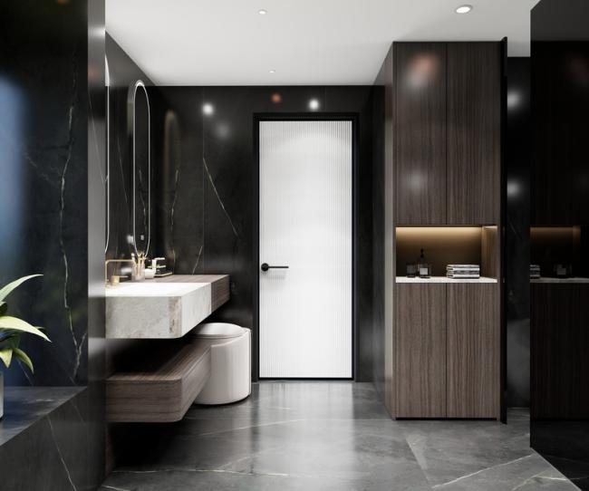 Stainless Steel Bathroom Vanity With Woodgrain Finish And Split Design - interior organization