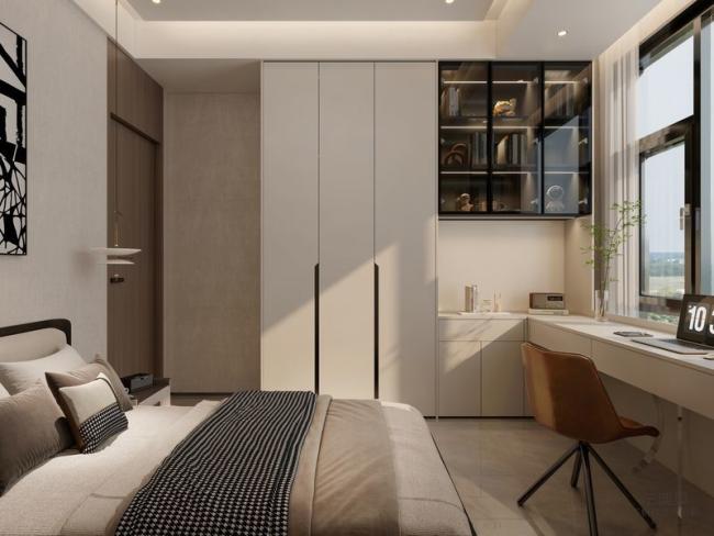 Stainless Steel Bedroom Wardrobe Cabinet With Built-In Desk Extension - Wardrobe with extended desk area beneath the window for a natural and bright working space with interior organization