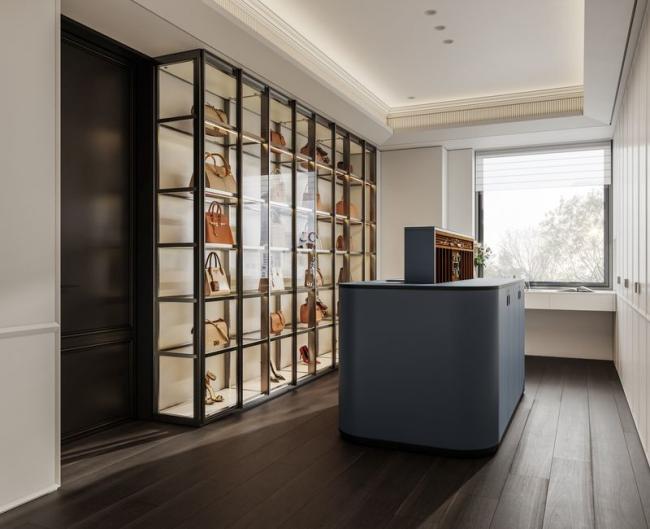 Fadior Stainless Steel Walk-In Closet Glass Door Elegance With Intelligent Island - Display shelving with glass door for accessories on one side; concealed storage cabinets on the other with interior organization