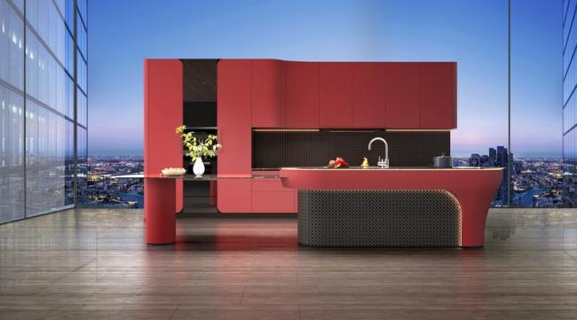 Modern Rouge Red Stainless Steel Kitchen Cabinet With Solid SS Countertop - kitchen cabinet overview