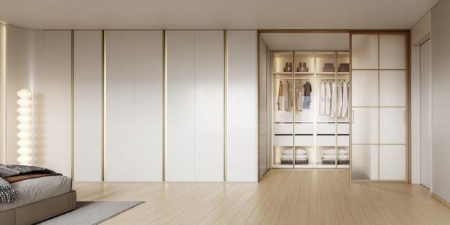 Modern Elegance Stainless Steel Wardrobe With Gold Accents Wear Resistant - Wood Grain / White / Champagne with wardrobe overview