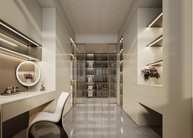White Apricot Finish Stainless Steel Walk-In Closet With Dual-Line Design - White with wardrobe overview