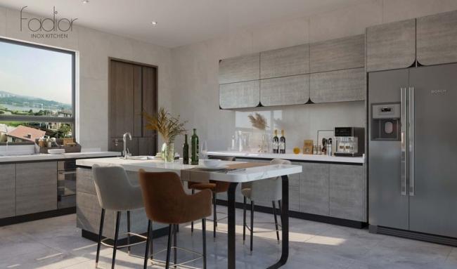 Stone Texture Stainless Steel U-Shaped Kitchen Cabinet With Curved Doors Design - U-shaped layout with interior organization