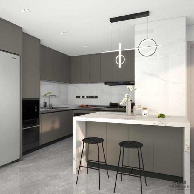 Brown Color Stainless Steel L-Shaped Kitchen Cabinets With Full-Height Design - High-quality stainless steel, providing durability, ease of maintenance with room context