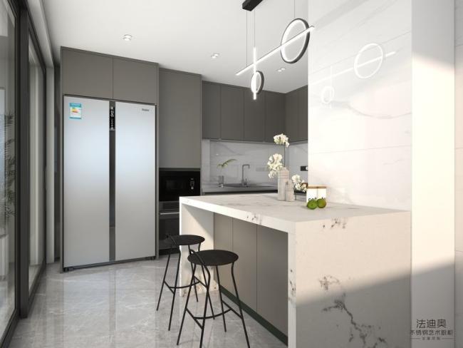 Brown Color Stainless Steel L-Shaped Kitchen Cabinets With Full-Height Design - Durable and scratch-resistant stainless steel countertop with feature detail