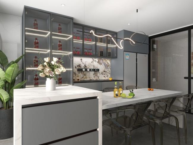 Gray-Blue Stainless Steel Double Linear Kitchen Cabinets With Wine Storage And Multifunctional Island - Kitchen Cabinet detail view 1