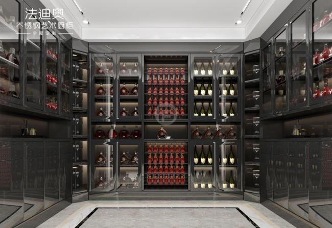 Stainless Steel Wine Cabinet With Black Glass Doors And Corner Storage - Black glass doors with a sleek finish, providing an elegant and modern