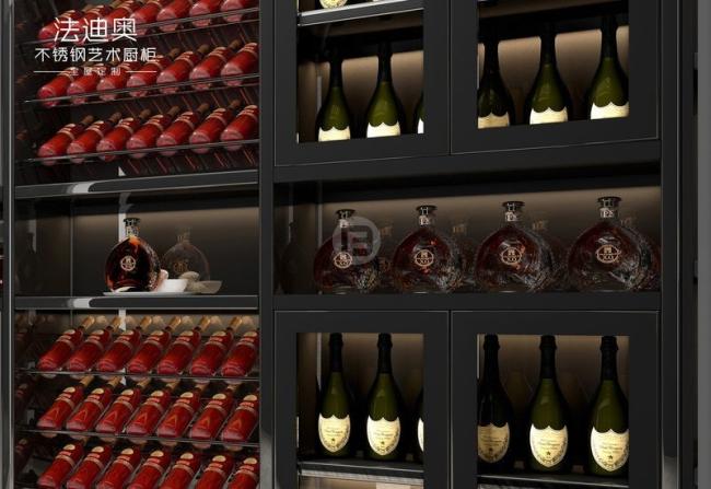 Stainless Steel Wine Cabinet With Black Glass Doors And Corner Storage - Corner design for maximum space utilization, making the best use of available space while maintaining a with interior organization