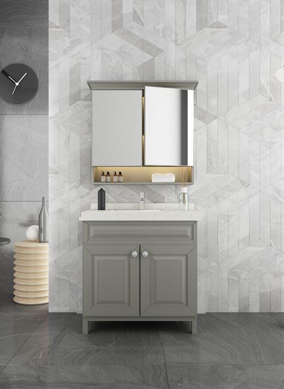 Grey Stainless Steel Bathroom Vanity With Elegant Mirror Cabinet And Shaped Door - The stainless steel construction is resistant to corrosion and ensures