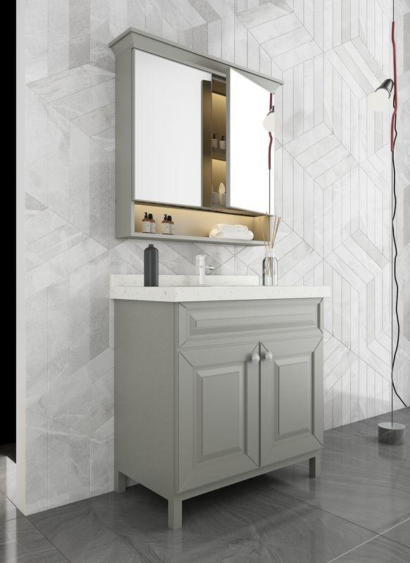 Grey Stainless Steel Bathroom Vanity With Elegant Mirror Cabinet And Shaped Door - Premium stainless steel with a sleek finish, offering a modern aesthetic with room context