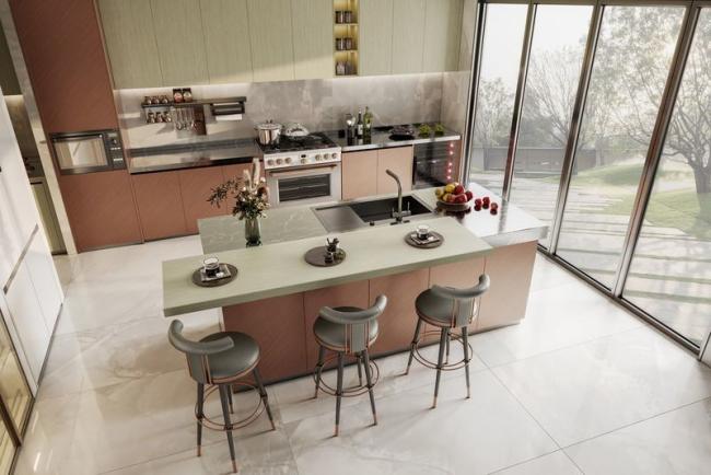 Elegant Stainless Steel Kitchen Cabinet With Rose Gold And Wood Grain Accent - High-quality stainless steel countertop with feature detail