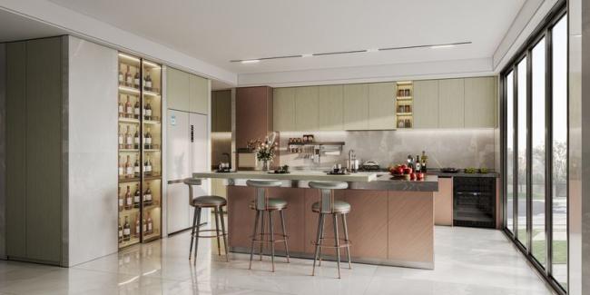 Elegant Stainless Steel Kitchen Cabinet With Rose Gold And Wood Grain Accent - interior organization