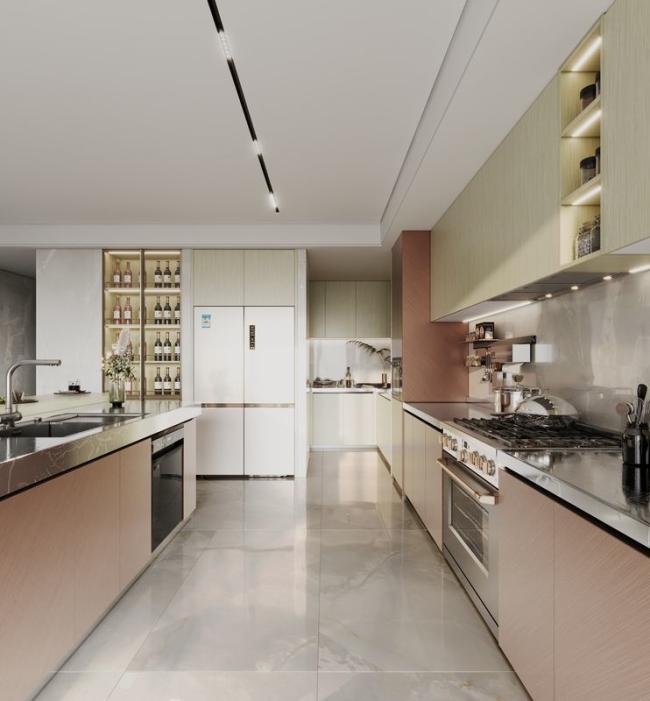 Elegant Stainless Steel Kitchen Cabinet With Rose Gold And Wood Grain Accent - Rose gold accents and wood grain finish with kitchen cabinet overview