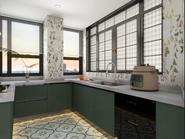 U-Shaped Stainless Steel Kitchen Cabinet With Elegant Green Finish - Green with kitchen cabinet overview